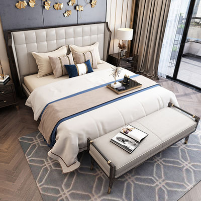 kaufen Kundenspezifische Hotel-Schlafzimmer-Möbel-lederner fester hölzerner Bett-Rahmen für Hotel-Landhaus-Haus online manufacture