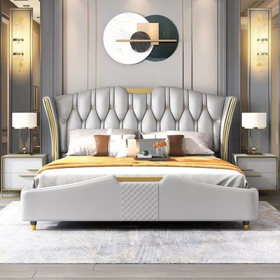Kundengebundener König Size Bedroom Furniture überziehen festes hölzernes Bett mit Leder